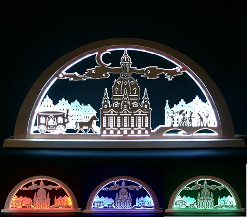 Stadtlicht LED Schwibbogen Dresden Frauenkirche - Stadtmotiv - 69cm - Feine Handarbeit aus dem Erzgebirge - Weihnachten erzgebirgischer Lichterbogen