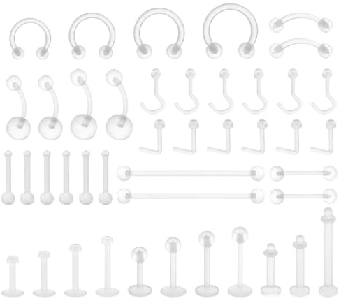 Lusofie 43 Stück Transparentes Plastik Piercing Retainers Set Flexibler Fake Nasenseptumring Lippen Knorpel Nabel Ohrring Retainer Piercing Schmuck für die Arbeit