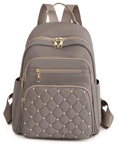 QYWT Nieten Rucksack für Damen,Rhombus kleiner Rucksack,Nieten Nylon Geldbörse,Gothic Tagesrucksack, Damen Schulranzen, Mehrzweck Handtasche, Grau