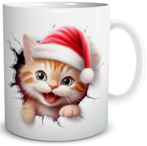 TRIOSK 3d Illusion Tasse Weihnachten mit Katzen Weihnachtsmotiv Katze bricht durch Becher Katzenmotiv Geschenk lustig für Katzenliebhaber Rot, Keramik, 330ml
