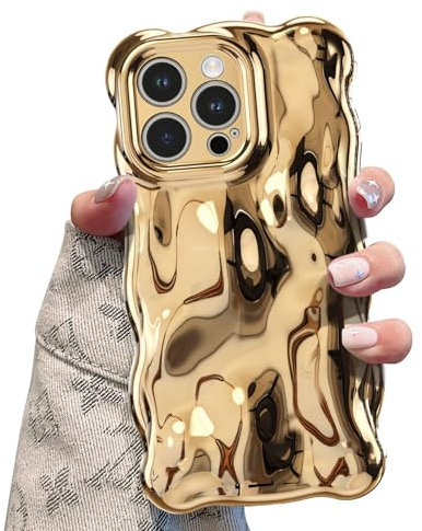 UEEBAI Case for iPhone 15 Pro Max, Cute Solid Color Curly Wave Shape Shockproof Soft TPU Bumper Phone Case, Candy Color Water Ripple 3D Silicone Slim Pretty Case Non-yellowing Cover - Gold