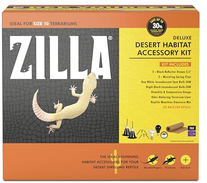 Zilla Pet Reptile Desert Terrarium Habitat Zubehör-Set mit Beleuchtung, Bodenauskleidung, Feuchtigkeits- und Temperaturanzeige und Omnivore Leckerlis