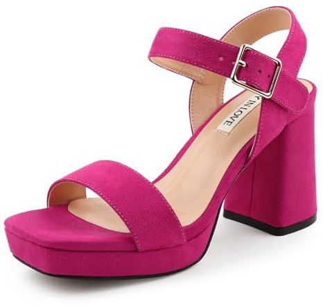 JOY IN LOVE Women's Chunky Platform High Heels Ankle Strap Block Heel Sandals, Fuchsia Suede, 9 UK