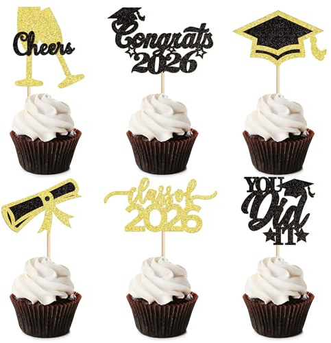 Blumomon Cupcake-Topper für Abschlussfeier 2024, Glitzer, Klasse 2024, Abschlussfeier, Cupcake-Dekorationen, Picks 2024, 24 Stück