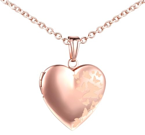 MICMIF Edelstahl Bilder Medaillon Personalisierte Kette Herz Anhänger mit Schmetterlinge Foto Halskette | Kette Damen Amulett Medaillon für 2 Bild Halskette für Mama Freundin & Frauen