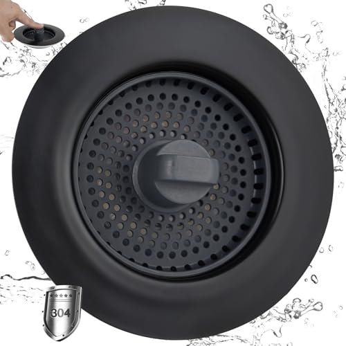 iFealClear Upgraded Kitchen Drain Stopper,3-in-1 Plug Strainer,Odor Prevention and Clog Resistance, Stainless Steel Outer Shell & ABS Filter Basket, Suitable for Sinks with Hole Depth > 28mm-Black