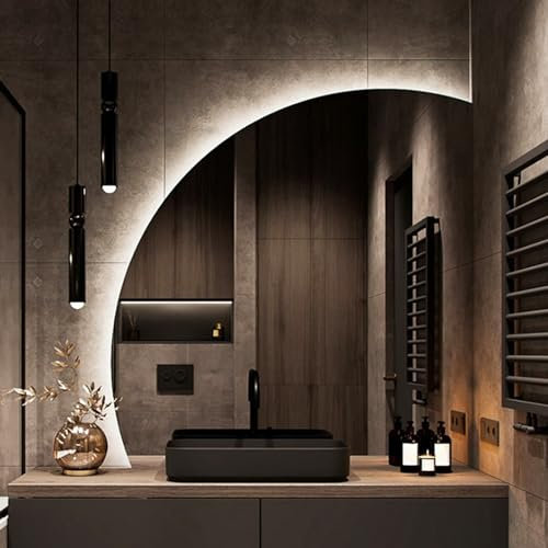 3 Farben Wechselnde LED Beleuchtete Spiegel,Mode Halbrunde Badezimmer Spiegel,50CM|60CM|70CM|80CM Wandspiegel,Kosmetikspiegel Mit Touch Switch, Für Badezimmer, Schlafz(Size:80cm,Color:Rechter Schnitt)