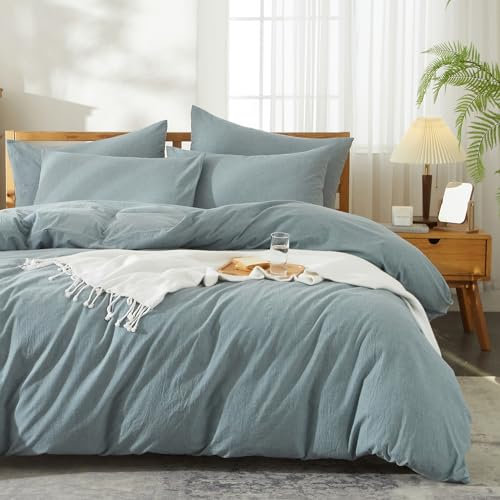 Luofanfei Baumwolle Leinen Bettwäsche 220x240 Blau Einfarbig Muster Bettwäsche Set Leinen Renforce Baumwolle Uni Atmungsaktiv Modern Bettbezug und 2 Kissenbezüge 80x80cm Weich und Bügelfrei