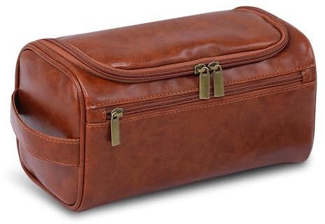 BUTISHIYU Trousse de Toilette Homme,Accessoires de Toilette Sac de Rasage,Organisateur de Voyage en Cuir, Sac Rangement Cosmétique Imperméable pour Voyage Gym Business et Vacance, Marron