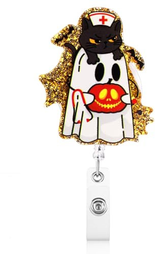 Porte-Badge Rétractable pour Halloween avec Clip en Métal en Forme de Requin Porte-Badge Fantôme Pailleté pour Infirmières, Médecins, Enseignants, Étudiants