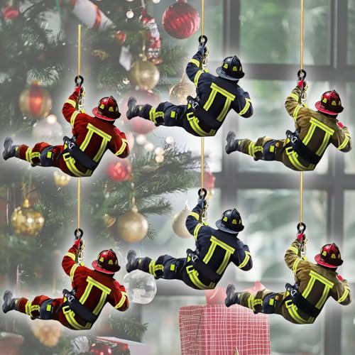 6 Stück Weihnachtsbaum Feuerwehrmann Acryl Ornamente Feuerwehrmann Weihnachtsschmuck Feuerwehrmann Acryl Ornamente Zum Aufhängen Für Wandfenster/Bäume/Auto-Rückspiegelzubehör
