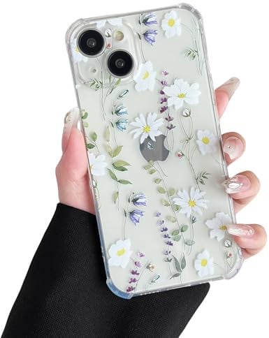 DEFBSC Case for iPhone 15, Cute Clear Floral Flower Pattern Design for Girls Women Slim Fit Shockproof Soft TPU Bumper Protective Cover - White