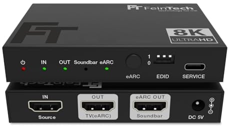 FeinTech AX310 HDMI 2.1 Audio Extractor für eARC-Soundbar - Unterstützt 8K 60Hz, 4K 120Hz, VRR, ALLM, Dolby Atmos, DTS - Audio Splitter für Soundsysteme mit eARC und ARC (1 Input)