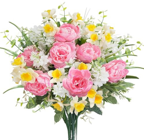 HUAESIN Künstliche Blumen Pfingstrose Frühling Deko Kunstblumen Narzisse Plastikblumen Seidenblumen Unechte Blumen Blumensträuße für Balkon Garten Vase Blumenkasten Hochzeit Dekoration Rosa