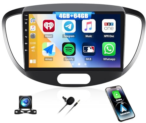 4G+64G CAMECHO Android 13 Autoradio für Hyundai i10 2007-2013 mit Wireless Carplay Android Auto Mirror Link, 9 Zoll Auto Bildschirm mit GPS WiFi Bluetooth FM/RDS Radio SWC + AHD Rückfahrkamera&MIC