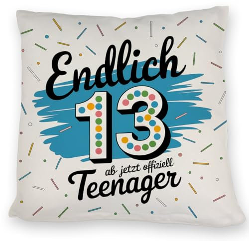 speecheese Endlich 13 Kissen für Teenager Perfektes Geburtstag Design Bunte Konfetti lebendiger Schriftzug tolle Geschenkidee für den neuen Lebensabschnitt