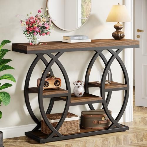Tribesigns Table Console Industrielle à 4 Niveaux avec étagères de Rangement, 100 cm Table d'appoint étroite en Bois avec Cadre en métal pour Petits espaces, Couloir, Foyer, Marron Rustique