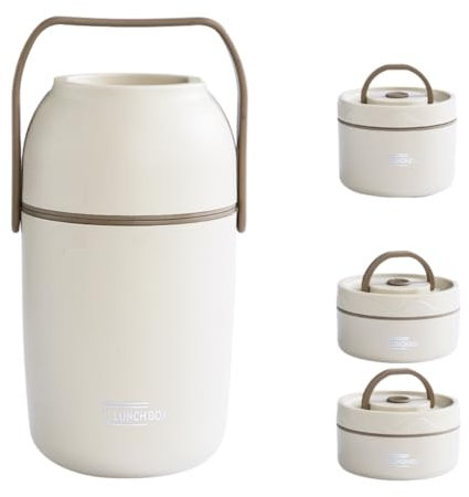 Genérico Termo para Alimentos con Compartimentos, Diseño Agradable y Funcional - Blanco y Beige - 1,2 Litros y 1,5 Litros (2 o 3 recipientes) - Plato incluido y Asa de transporte. (Blanco, 1,5 L)