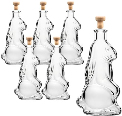 gouveo 6er Set Glasflasche 200 ml Osterhase mit Korken (HGK) - Osterflasche in Hasen-Form - Korkenflasche für Ostern zum Befüllen und Verschenken (OHF200HGK)