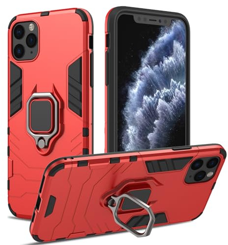 RIIMUHIR Case for iPhone 11 Pro Max, Shockproof Cover with 360° Metal Ring Stand, Anti-Scratch Hard Protective Case, Full Body Bumper Case with Camera Protection (Red)