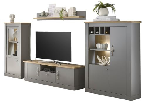 Furn.Design Wohnwand in grau und Artisan Eiche Landhaus Wohnkombination 4-teilig 346 x 170 cm, Rideau