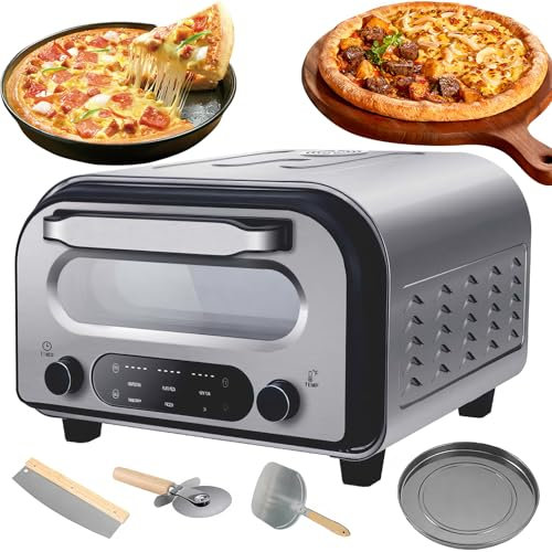 Indoor Pizza Oven Smart Touch Screen, 12 Countertop Pizza Oven Electric Pizza Maker with Pizza Stone & Cutter, 6 Pizza Presets, Heats up to 450℃, Makes Pizzas in 2 Min, Pizza Cooker for Home RV
