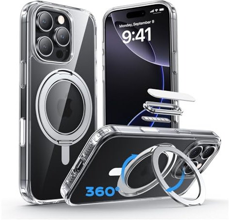 MAGIC JOHN für iPhone 16 Pro Max Hülle [Kompatibel mit Magnetic ] mit 360° Magnetständer Handyhülle iPhone 16 Pro Max Case Fallschutz mit Stoßdämpfung, Kratzfest, Stoßfest, Transparent