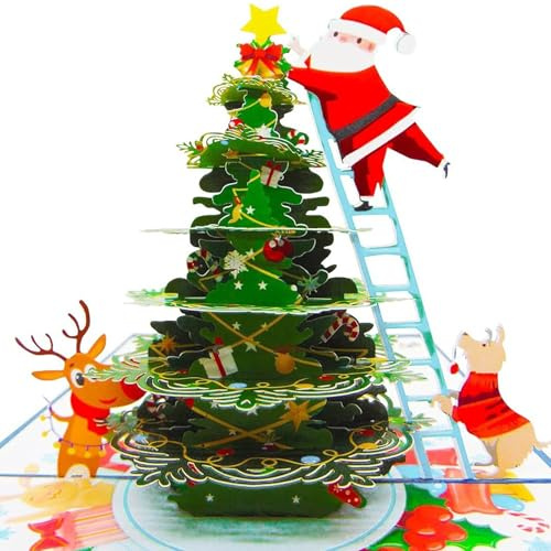 MisFun Pop Up Karte Weihnachten, Weihnachtskarten 3D mit Umschlägen, Weihnachtsbaumdekorations Pop-Up-Karte mit Weihnachtsmann, Pop Up Weihnachtsbaum Weihnachtskarte, Für Familie, Freunde und Kollegen