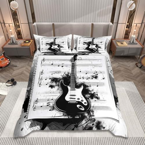 Homemissing Music Bedding Duvet Cover Set Double Size Rock Music Guitar Bedding Set for Kids Boys Girls Guitar Instruments Duvet Cover with 2 Pillowcases