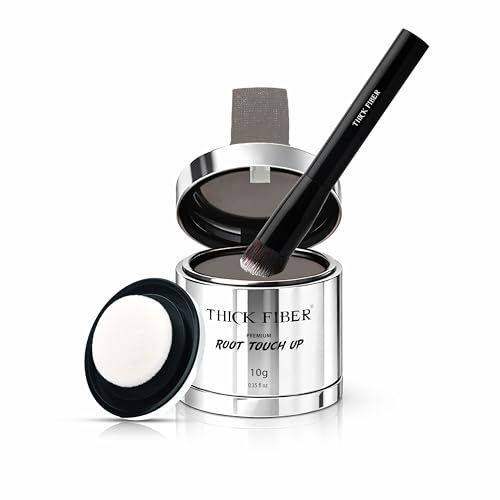 THICK FIBER Root Touch Up & Hairline Powder with Brush (LARGE 10g) – Covers Grey Roots, Thinning Hair & Bald Spots – Sweat & Water Resistant Hair Concealer for Women & Men (Gray)
