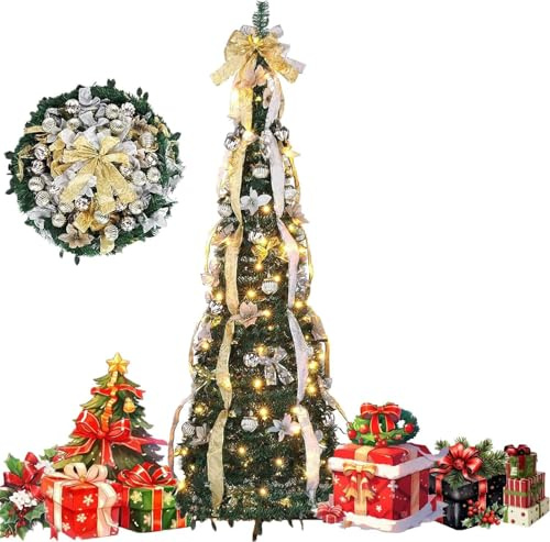 GAOAZHEN 4/5/6/7ft 1 Minute Pop-Up Christmas Tree with Lights, Folding Christmas Tree, Foldable Christmas Tree, Fully Decorated Pre-installed LightsPop-Up Folding Christmas Tree, Easy To I