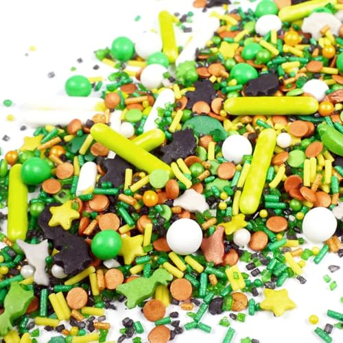 Streuselheld Jungle Dino 40g Bunte Zuckerstreusel Mischung | Dinosaurier Streuselmix in Grün, Schwarz, Weiß, Gelb und Kupfergold als essbare Streudeko für Torten, Cupcakes und Muffins