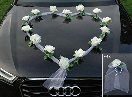 Organza Herz Auto Schmuck Braut Paar Rose Deko Dekoration Autoschmuck Hochzeit Car Auto Wedding Deko Girlande PKW (Ecru/Weiß)