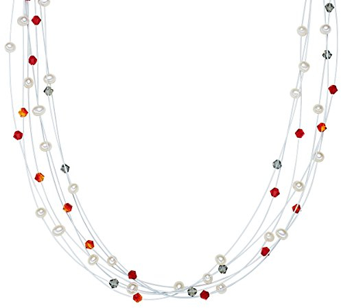Valero Pearls Damen-Kette Hochwertige Süßwasser-Zuchtperlen ca. 6 mm Oval weiß 925 Sterling Silber verziert mit Kristallen rot/orange