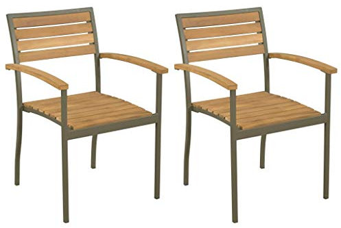 Tidyard Juego de 2 Sillas de Jardín Exterior Sillas de Comedor Apilable con Diseño de Rejilla,Estilo Rústico,Madera Maciza Acacia y Acero 56x56x84cm