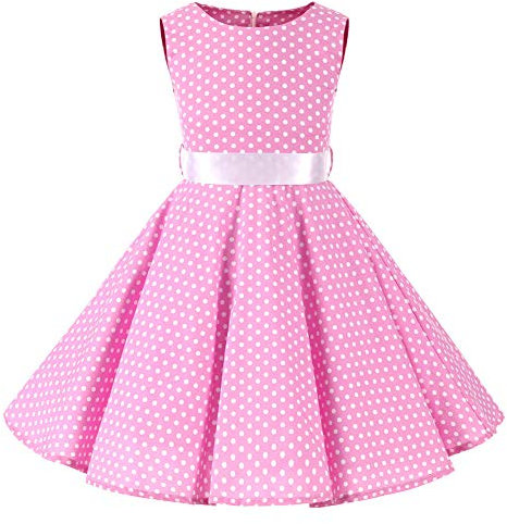 SXSHUN Robe Fille Enfant de Bal Polka Vintage pin-up à 'Audrey Hepburn' 50's 60's Rockabilly Halter Robe Fille Enfant de soirée Cocktail sans Manches, Rose et Blanc Points, 4-5 Ans