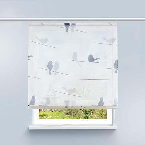 HongYa Raffrollo Voile Gardine Transparente Raffgardine mit Klettschiene Küche Vorhang Kleinfenster H/B 140/140 cm Vogel Muster