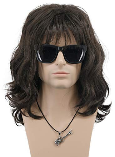 VGbeaty 70er 80er Jahre Punk Rocker Perücke Long Wave Dunkelbraun für Männer Frauen - Hippie Party Kalifornien Cosplay