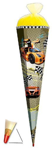 3-D Schultüte - Sportwagen Auto 70 cm - mit Holzspitze/Filzabschluß mit Foliendruck - Zuckertüte Roth - Autos Rennwagen Fahrzeug Jungen