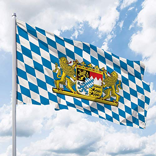 Bayern Flagge – 250 x 150 cm für Fahnenmast, Bayern Fahne mit Löwen-Wappen & Raute, Hissflagge aus reißfestem Fahnen-Polyester-Stoff, wetterfest und UV-beständig