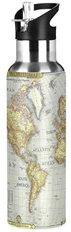 JUMBEAR Painting World Map Water Bottle Acuum Insulated Stainless Steel Leakproof Wide Mouth with Straw Lid for Fitness Gym and Outdoor Sports 22OZ