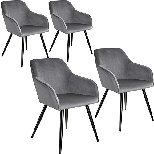 tectake® 4er Set moderner Esszimmer Stuhl, Sitzfläche aus Samt, Armlehnstuhl, Sessel Wohnzimmer, gepolsterter Office Chair mit schwarzen Metallbeinen, Schminktisch Stuhl - grau/schwarz