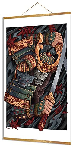 Japanische Kunst Scroll Wandkunst Leinwand Samurai Poster Büro Wohnzimmer Schlafzimmer Japanisches Restaurant Magnetische Schnörkel Holzrahmen (40,6 x 68,6 cm) kann aufgehängt werden