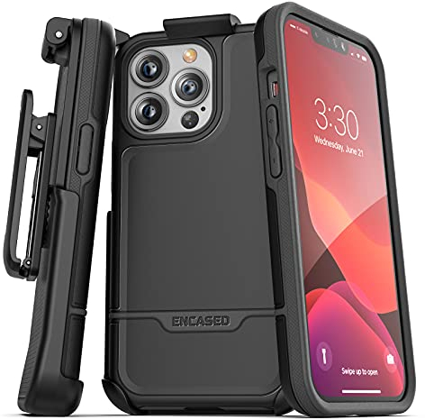 Encased Rebel Designed for iPhone 13 Pro Max Belt Clip Case (2021) Shockproof Case with Holster (Black)