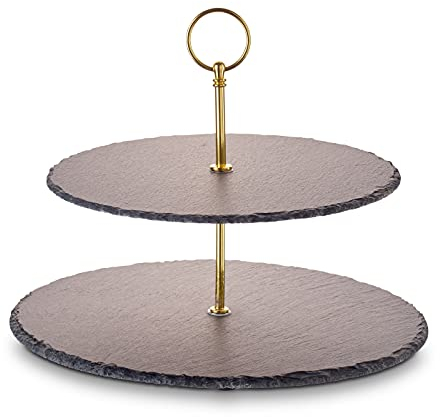 ECHTWERK EW-ET-1779G Etagere-/ Servier-Ablage für Gebäck, Obst, Käse und Dessert aus Naturschiefer mit 2 Ebenen und Metallgriff, Gold-Edition, Ø Schieferplatten ca. 25/30 cm, Steingut
