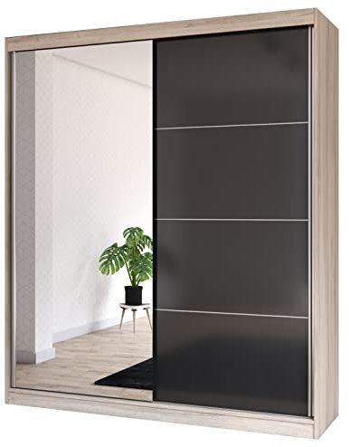 Fabryka Mebli Idźczak Kleiderschrank mit Spiegel, Schiebetüren - Schwebetürenschrank, Schlafzimmerschrank - ‎61 x 203 x 218 cm - Schrank für Schlafzimmer, Ankleidezimmer, Garderobe - Sonoma/Schwarz