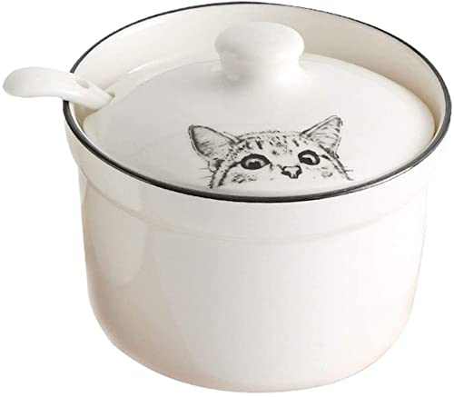 Sucrier en céramique avec couvercle et cuillère - Motif chat - Blanc - 1 pièce