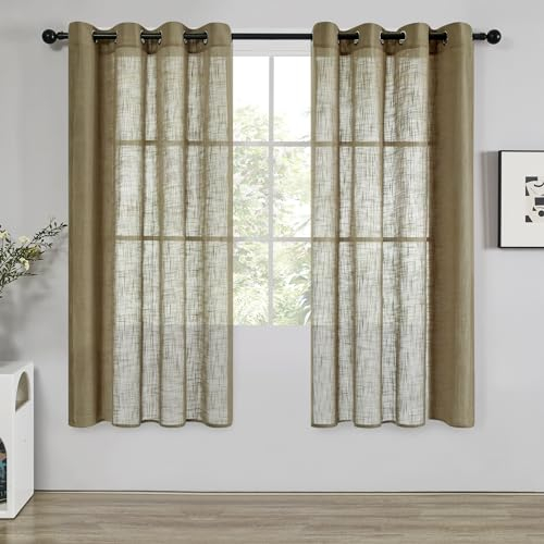Deconovo Gardinen Wohnzimmer Modern Voile Vorhänge mit Ösen Halbtransparent Dekoschal Leinenoptik Vorhang Luftige Gardinen, 175x140cm(HöhexBreite), Taupe, 2er Set