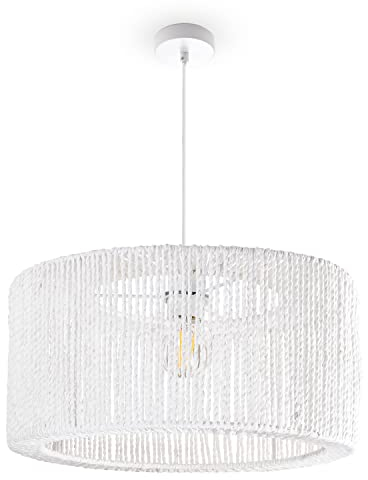 Paco Home Hängelampe Bambus Wohnzimmer Pendelleuchte Rattan Esstisch Esszimmer Lampe E27 Hängeleuchte Papier Boho, Farbe:Weiß (Ø40cm), Leuchtenart___Farbe:Pendelleuchte - Weiß