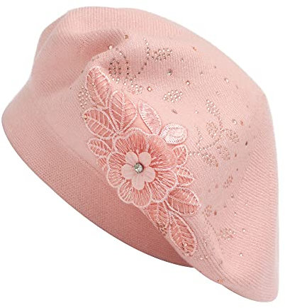 ZLYC Damen Wolle Baskenmütze Klassische Französischen Barett Warm Beret Mütze(Blume Rosa)